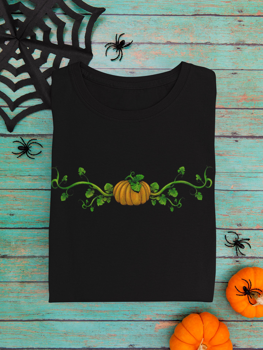 Black Halloween Pumpkin T-Shirt with hand drawn pumpkin and vine design, perfect for festive wear and parties