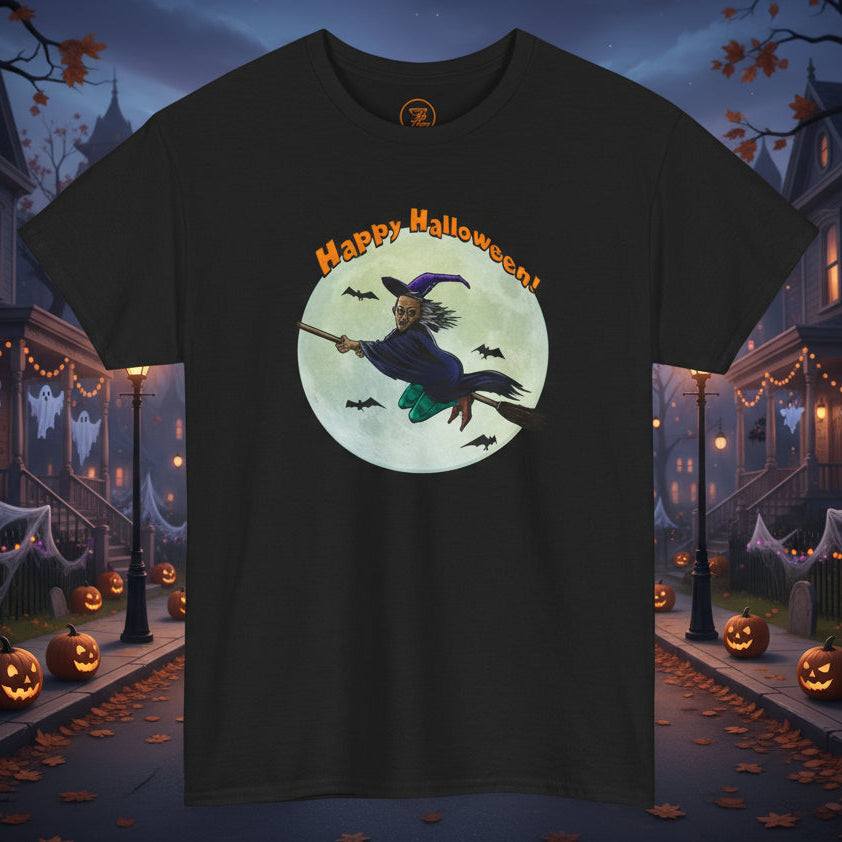 Black Halloween Witch Tee with flying witch, full moon, bats, and "Happy Halloween" text