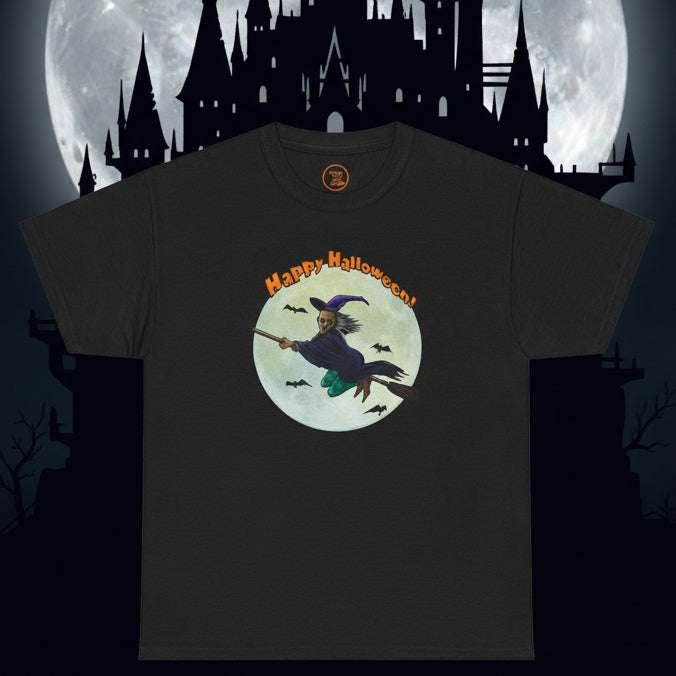 Black Halloween Witch Tee with flying witch on broom and full moon design