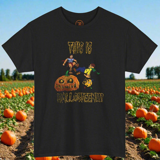 Black Halloween cartoon tee with funny pumpkin and characters graphic and "This is Halloween!!!" text