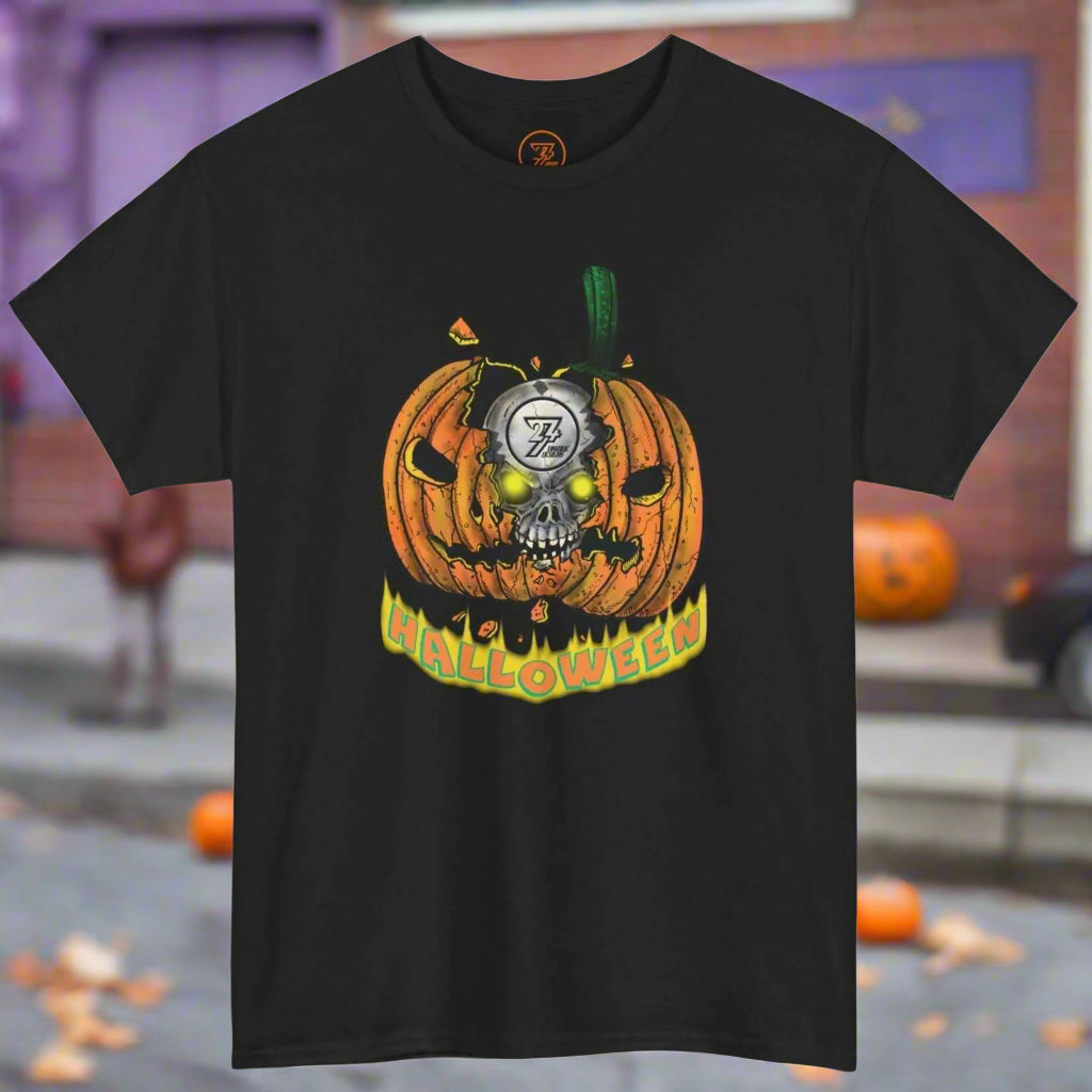 Black Halloween t-shirt featuring a glowing pumpkin skull design with the word "Halloween" below.