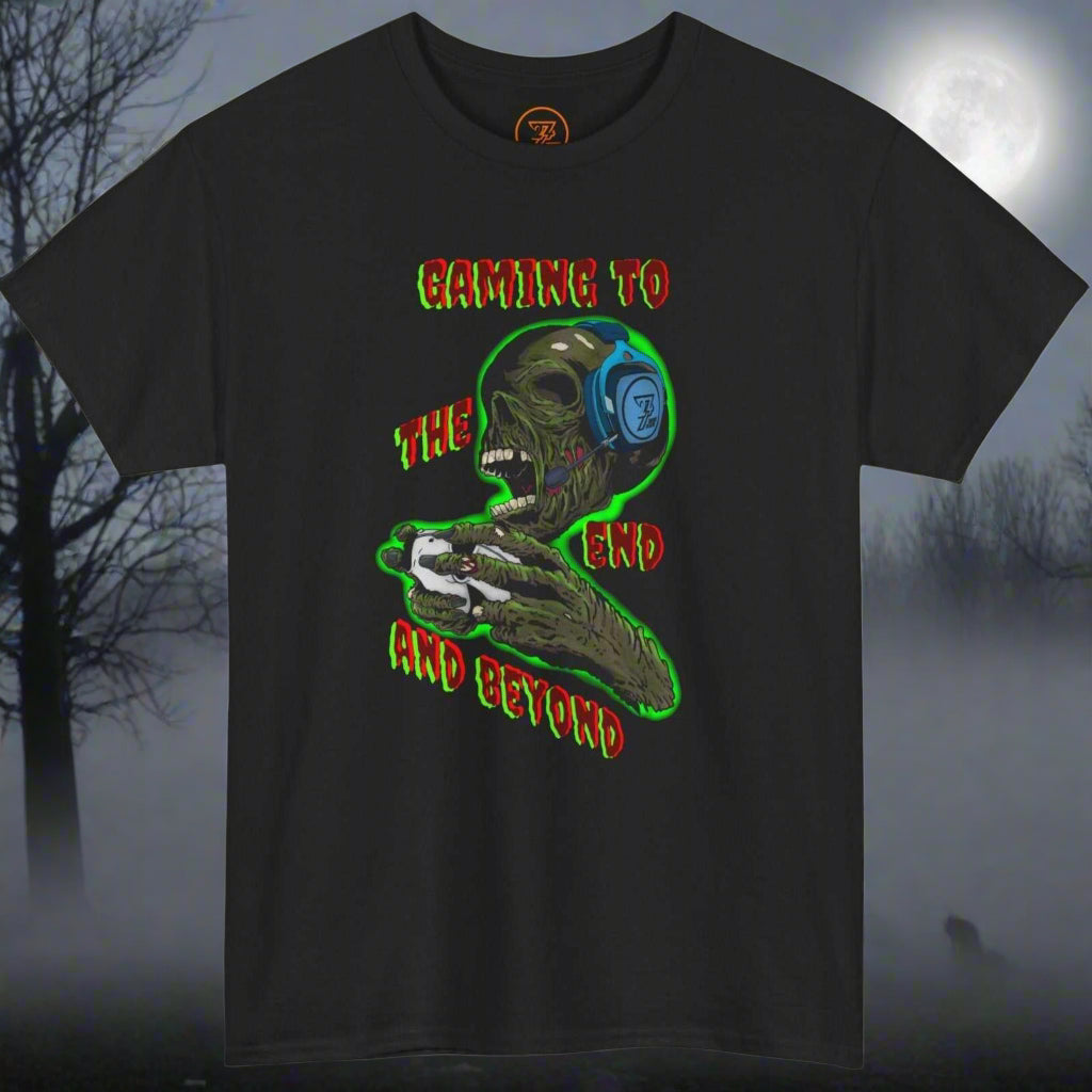 Black Halloween zombie tee with hand-drawn horror comic style zombie wearing headphones and holding a game controller, text "Gaming to the end and beyond"