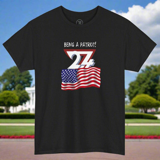 Black US Patriot T-shirt with July 4th American flag design and "Being a Patriot!" text