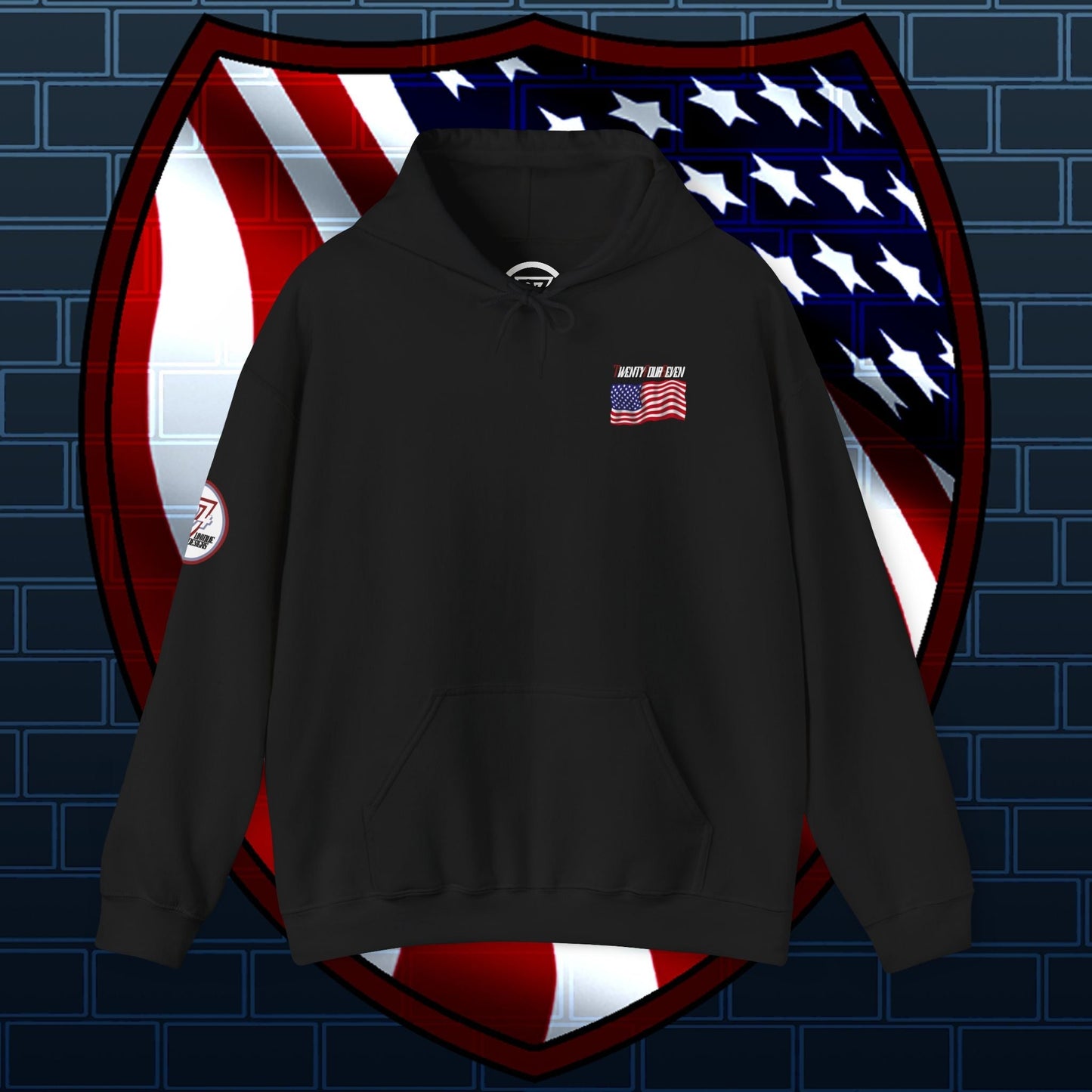 Black US flag hoodie with printed American flag and text, adjustable hood, and kangaroo pocket, made of cotton-polyester blend.