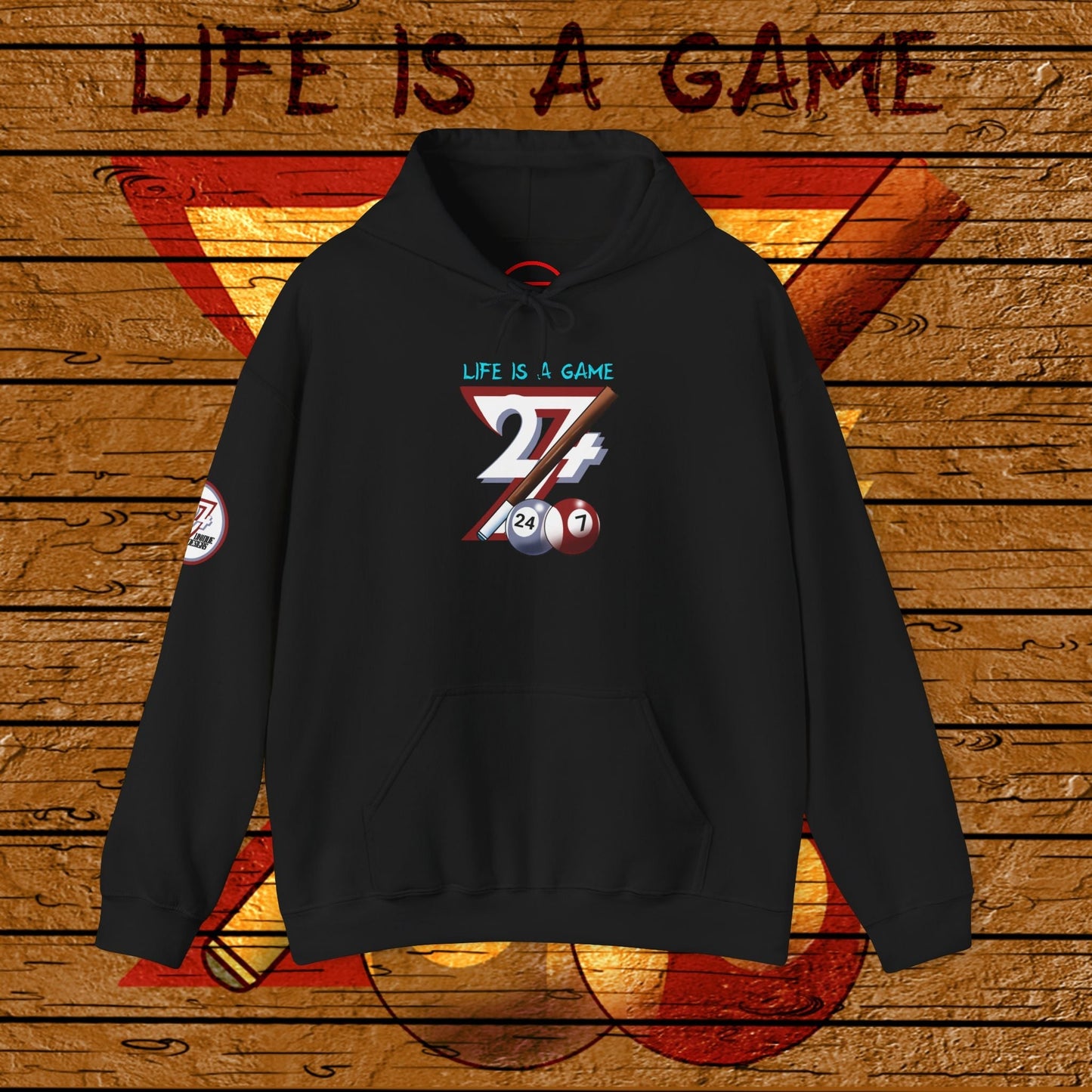 Black billiards hoodie with colorful "Life is a game" hand-drawn pool design and kangaroo pocket