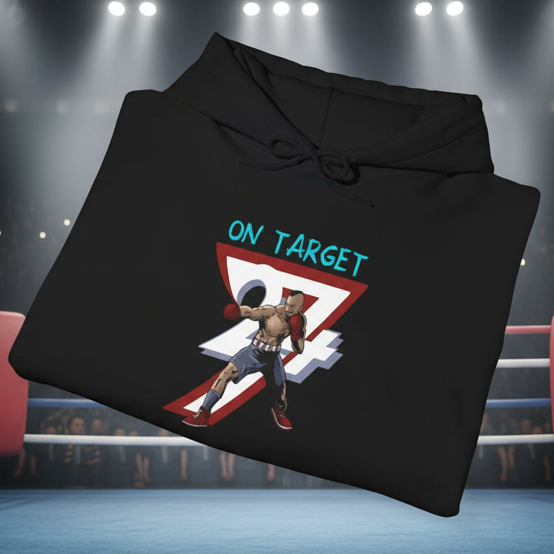 Black boxing hoodie with hand-drawn boxer design and "On Target" text, featuring adjustable hood and kangaroo pocket for sports training and outdoor fitness.