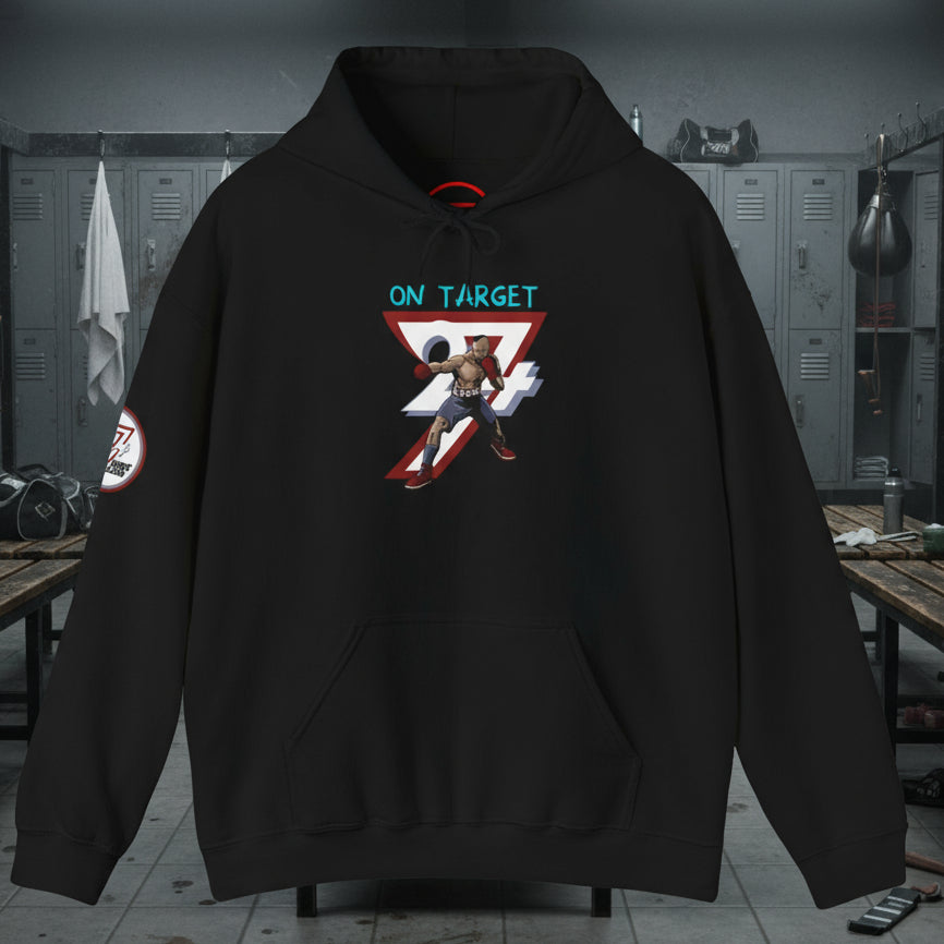 Black boxing hoodie with unique hand-drawn boxer design and kangaroo pocket.