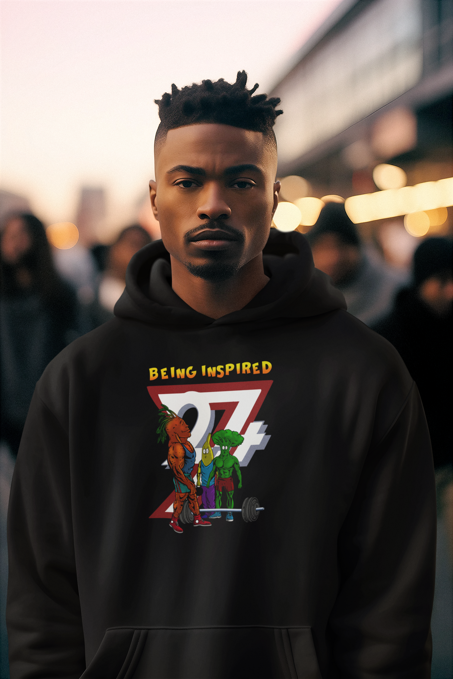 Black custom hoodie featuring banana and broccoli comic workout characters with "Being Inspired" text