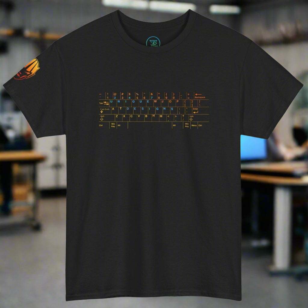 Black custom t-shirt featuring a colorful keyboard illustration for IT professionals by 24/7 Unique Designs
