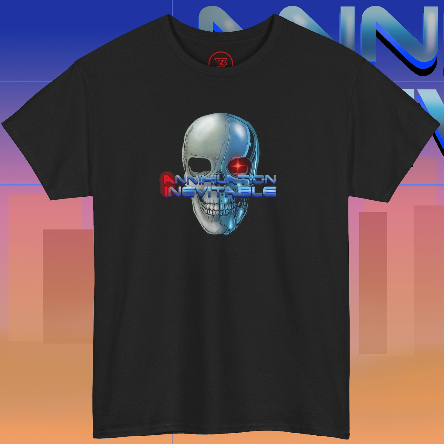 Black cyborg T-shirt with metallic skull and red eye graphic and "Annihilation Inevitable" text, anti AI design.