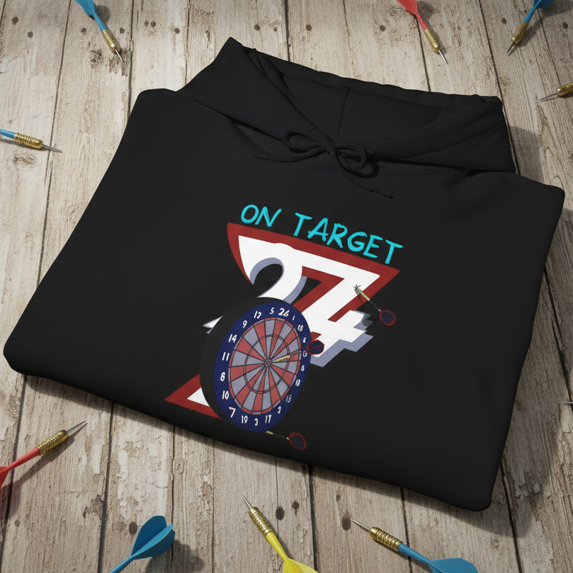 Black darts hoodie with hand-drawn dartboard illustration and "On Target" text, adjustable hood and kangaroo pocket
