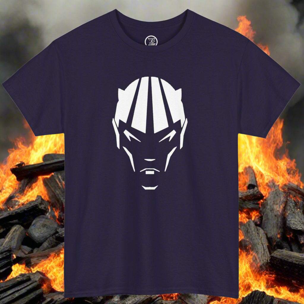 Black devil shirt with white comic devil head silhouette design against fiery background