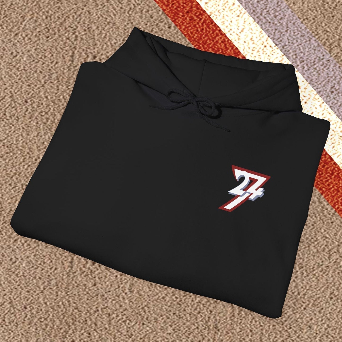 Black folded stylish hoodie with twentyfourseven logo, comfortable streetwear gift