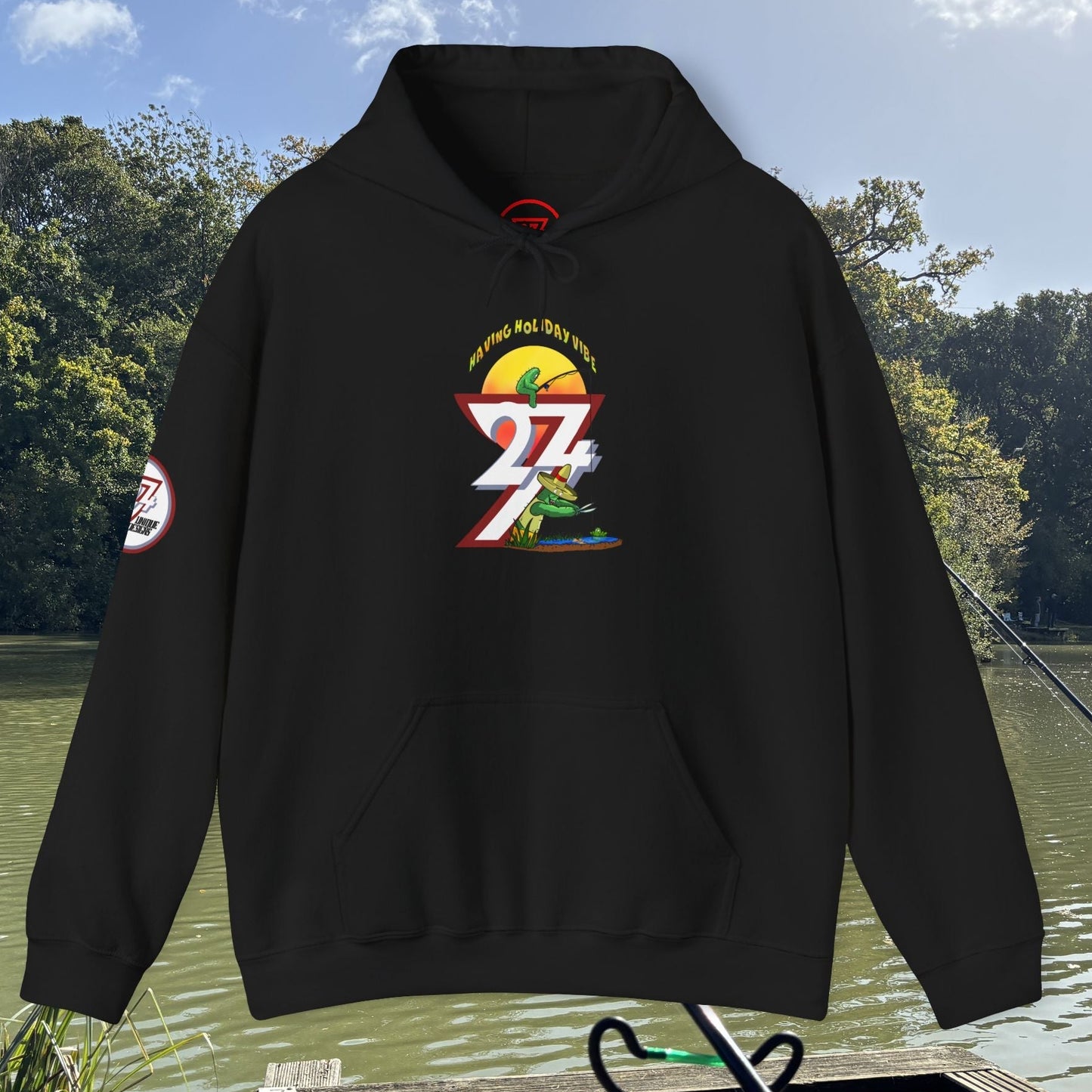 Black funny fishing hoodie with colorful 27 and cactus design, summer holiday style jumper