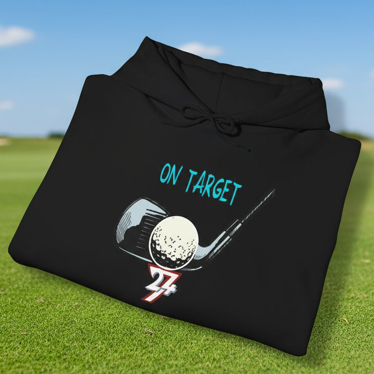 Black golf hoodie with hand-drawn golf club and ball design and "On Target" text, foldable and stylish.