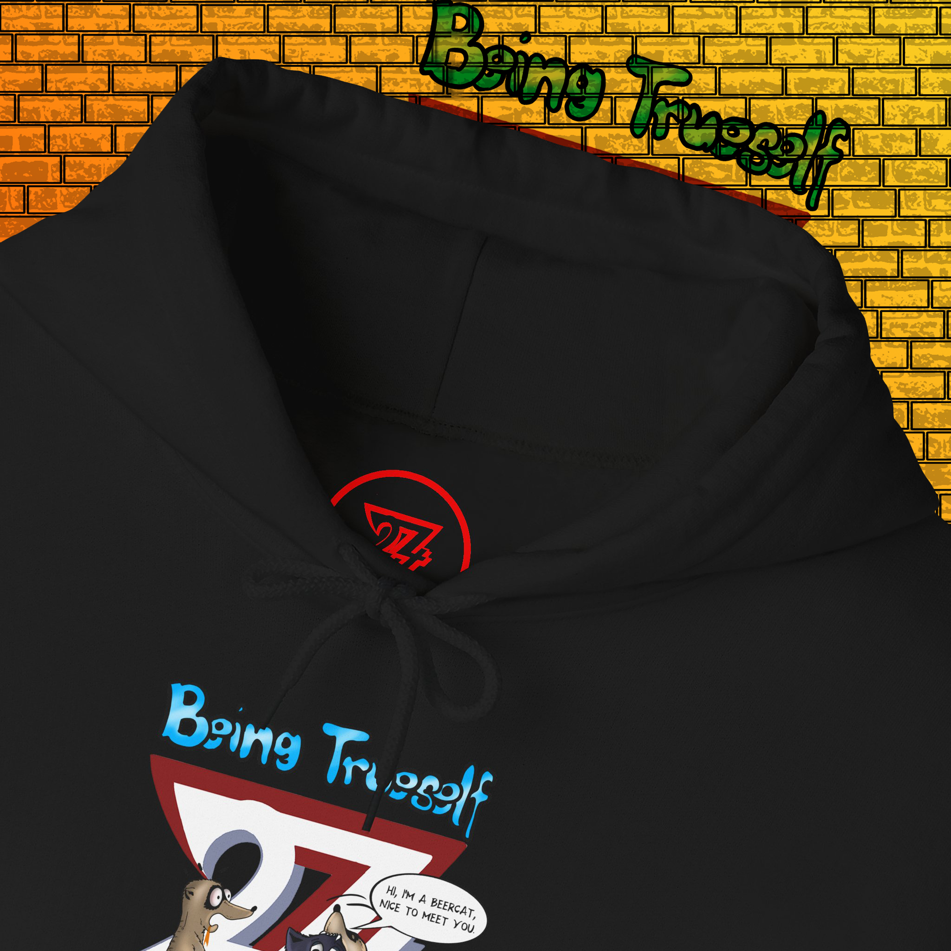 Black hoodie with meerkat and cat cartoon design and "Being True-Self" text on front, featuring drawstring hood and kangaroo pocket.