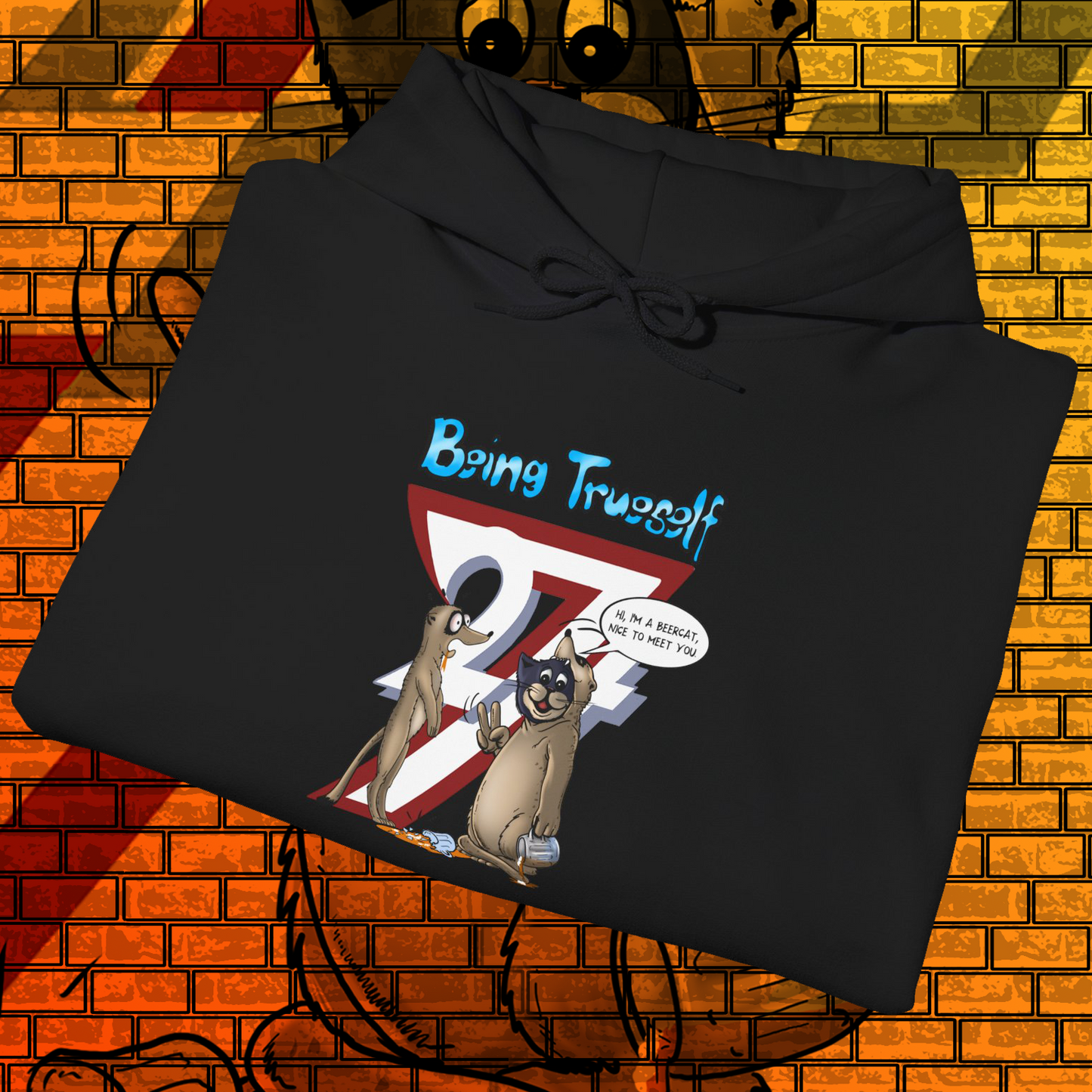 Black hoodie with meerkat and cat cartoon illustration and "Being True to Self" text design