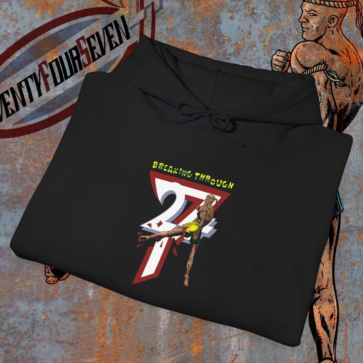 Black muay thai hooded sweatshirt with "Breaking Through 247" graphic and fighter illustration