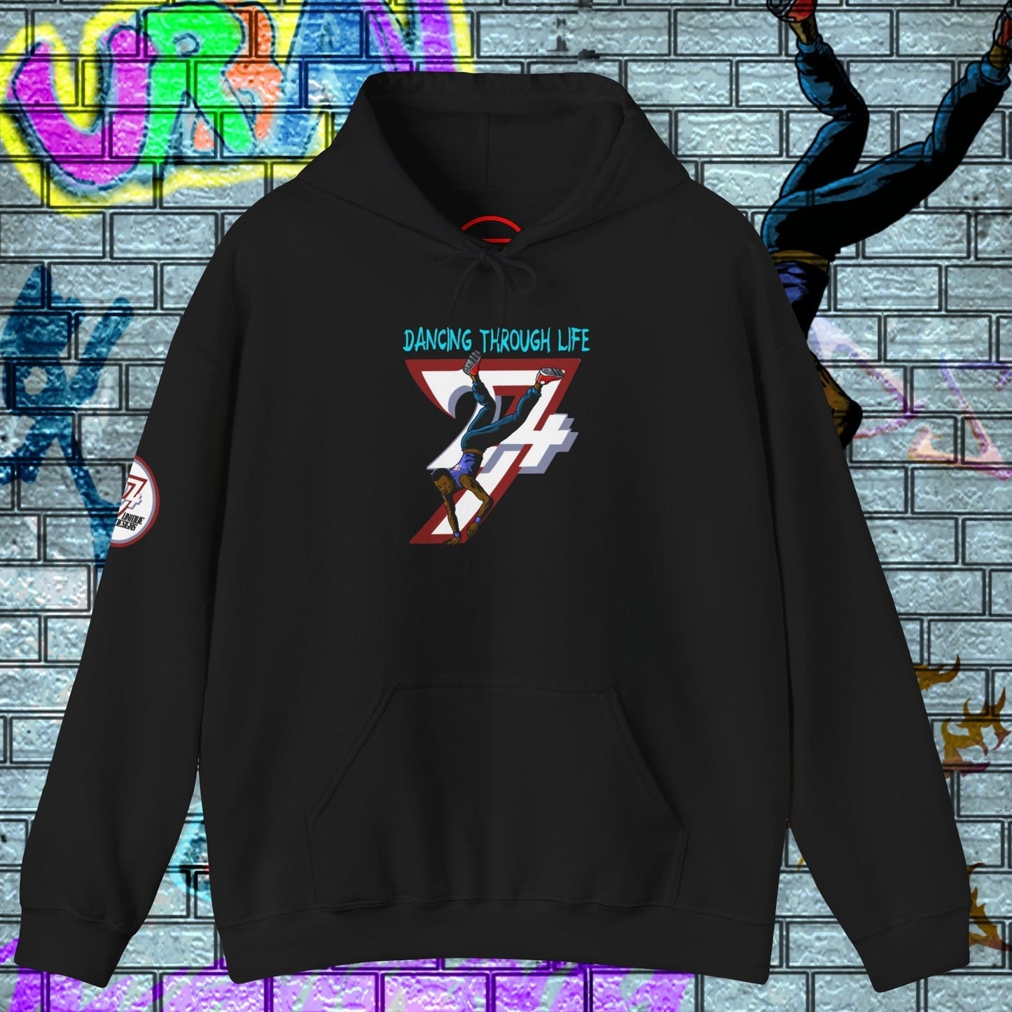 Black street dance hoodie with a hand-drawn dancer design and kangaroo pocket, perfect for men and urban style enthusiasts