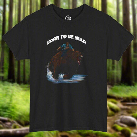 Black vintage bear tee with comic style illustration of a man riding a roaring bear and text "Born to be Wild"