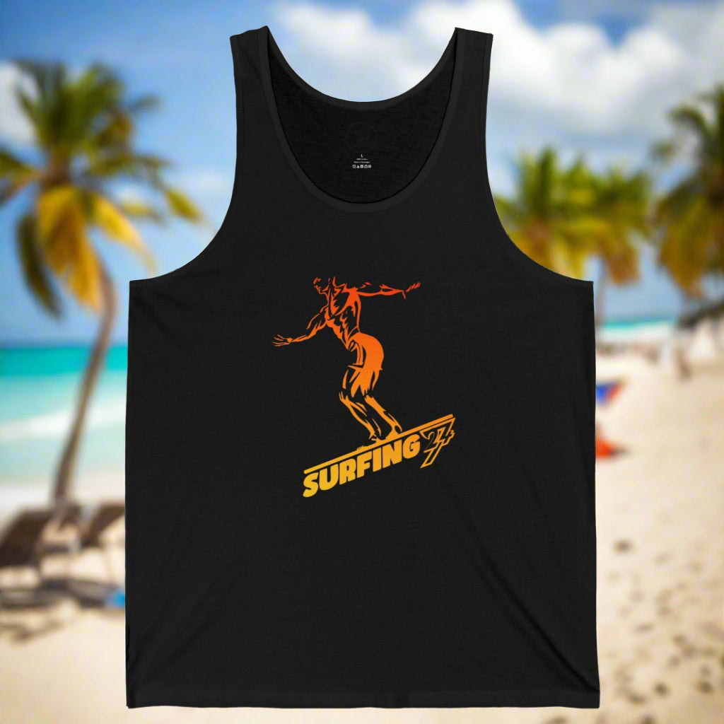 Black tank with unique surfer design