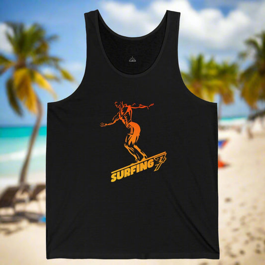 Black tank with unique surfer design