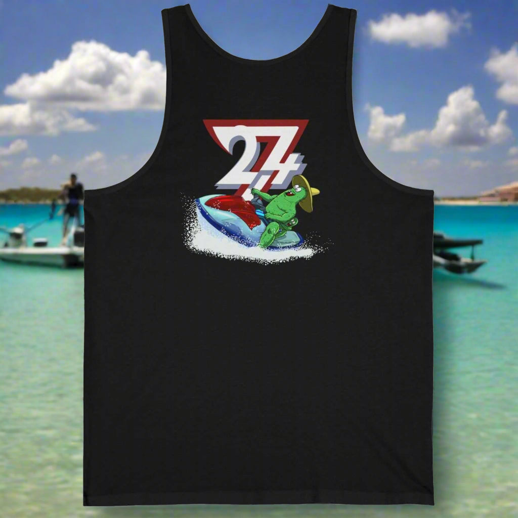 Black unisex beach tank top with funny cactus and water sports design