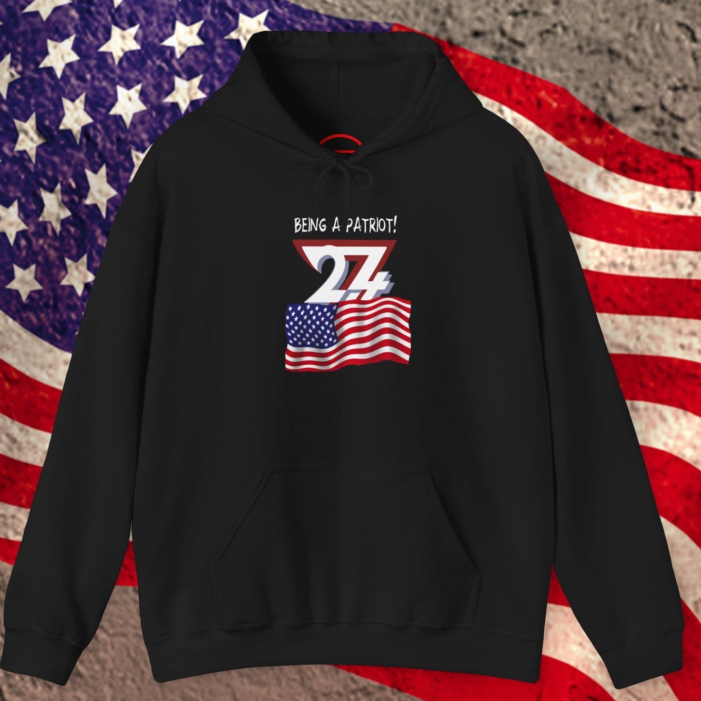 Black usa flag hoodie with a graphic design on an American flag background
