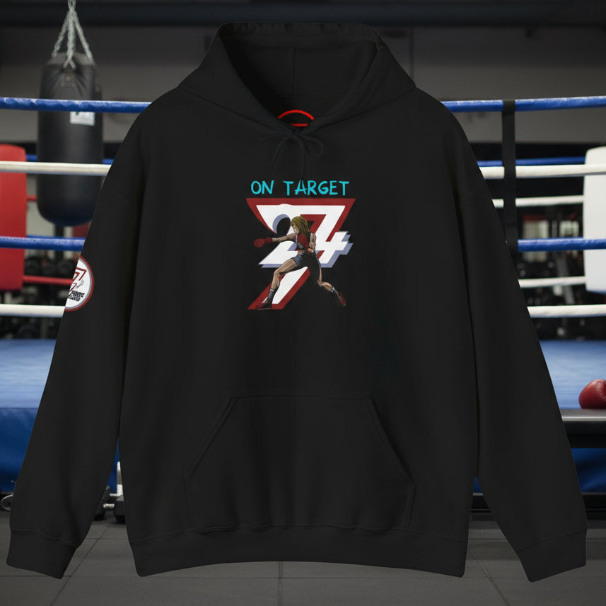 Black women's boxing hoodie with feminine boxer illustration, adjustable hood, and kangaroo pocket for streetwear and training.