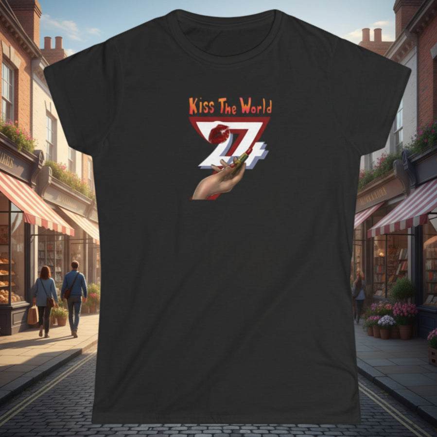 Black women unique tee with lipstick holding hand design and "Kiss The World" text