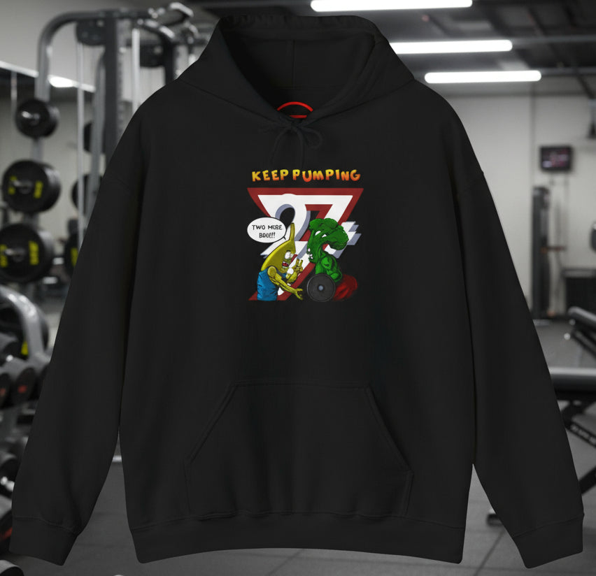 Black workout hoodie with cartoon broccoli and banana lifting weights and "Keep Pumping" text design