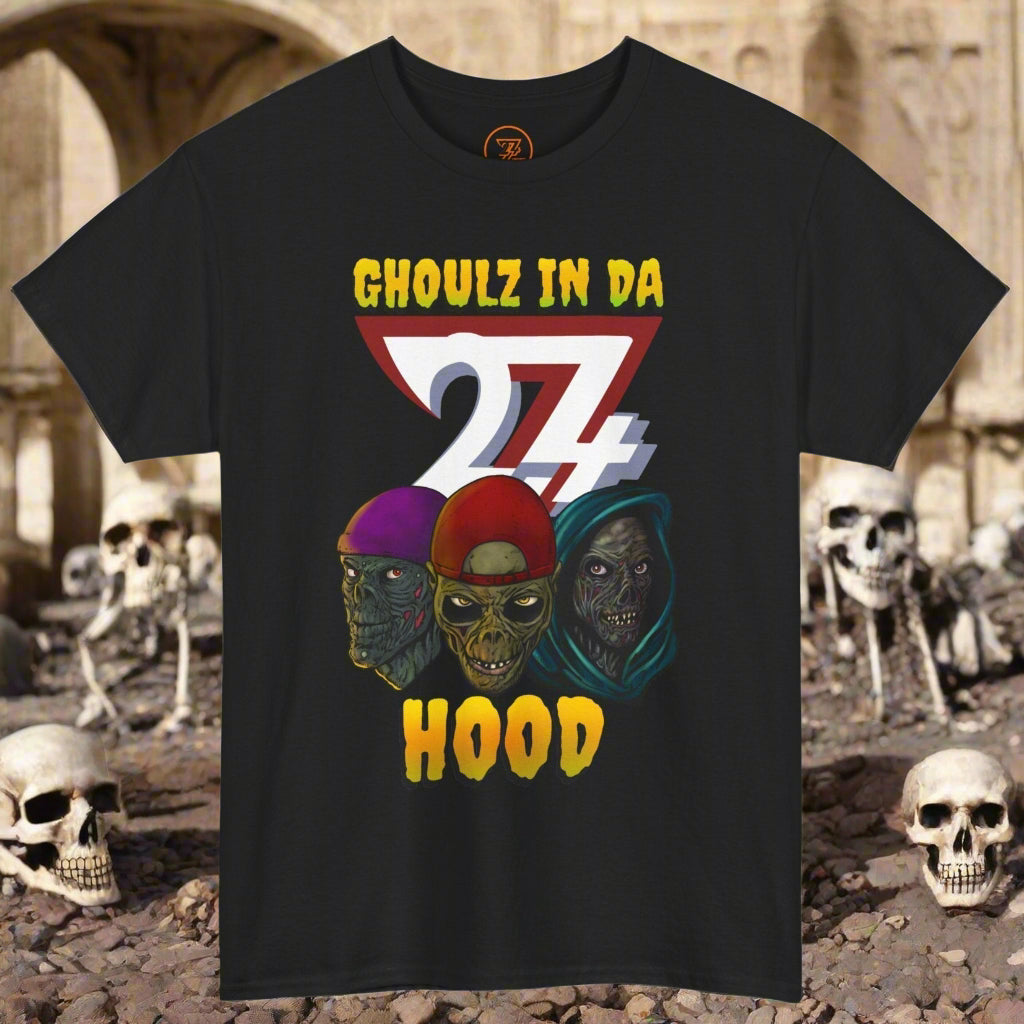 Black zombie tee with three ghouls in hoodies and "Ghoulz in da Hood" text Halloween design