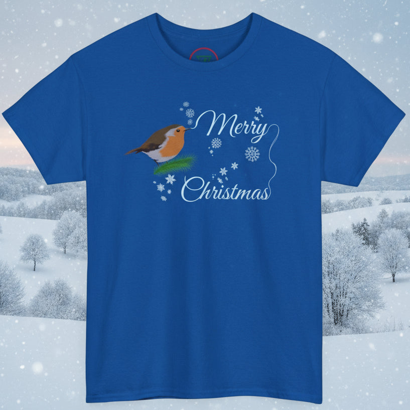 Blue Christmas tee with robin design and "Merry Christmas" text for festive wear