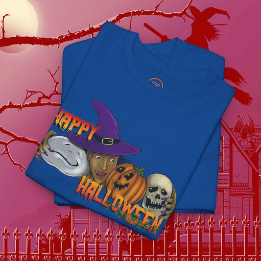 Blue Halloween witch T-shirt with cartoon skeleton, pumpkin, and witch illustration, festive Halloween design