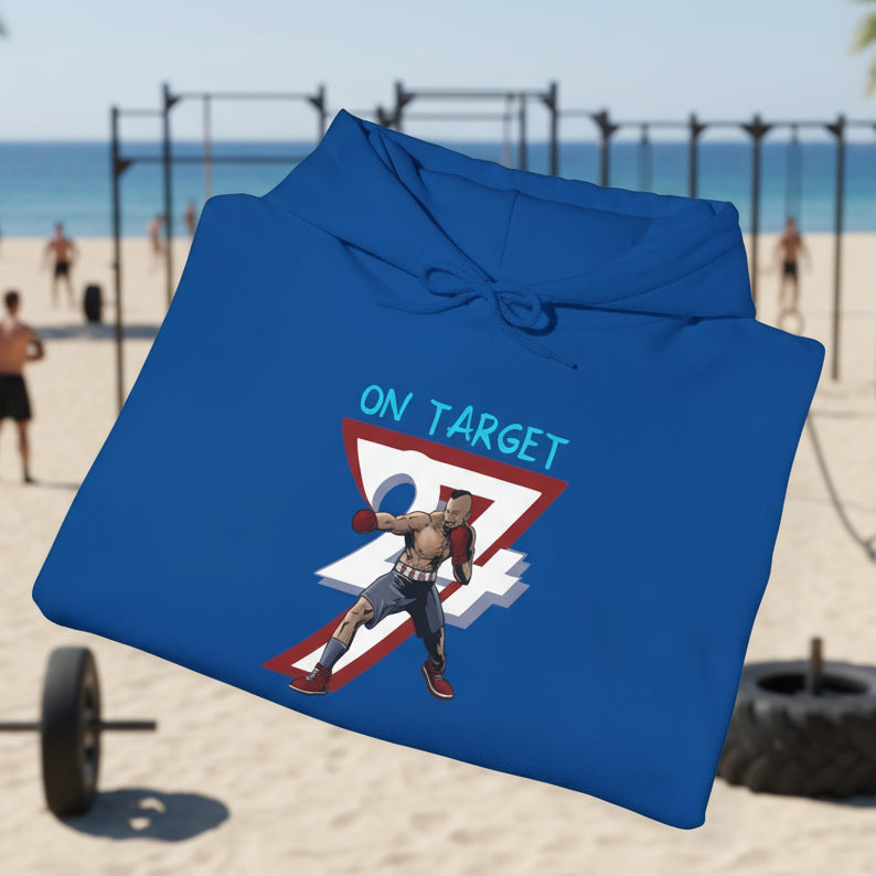 Blue boxing hoodie with hand-drawn boxer design and "On Target" text, ideal for sports training and casual wear