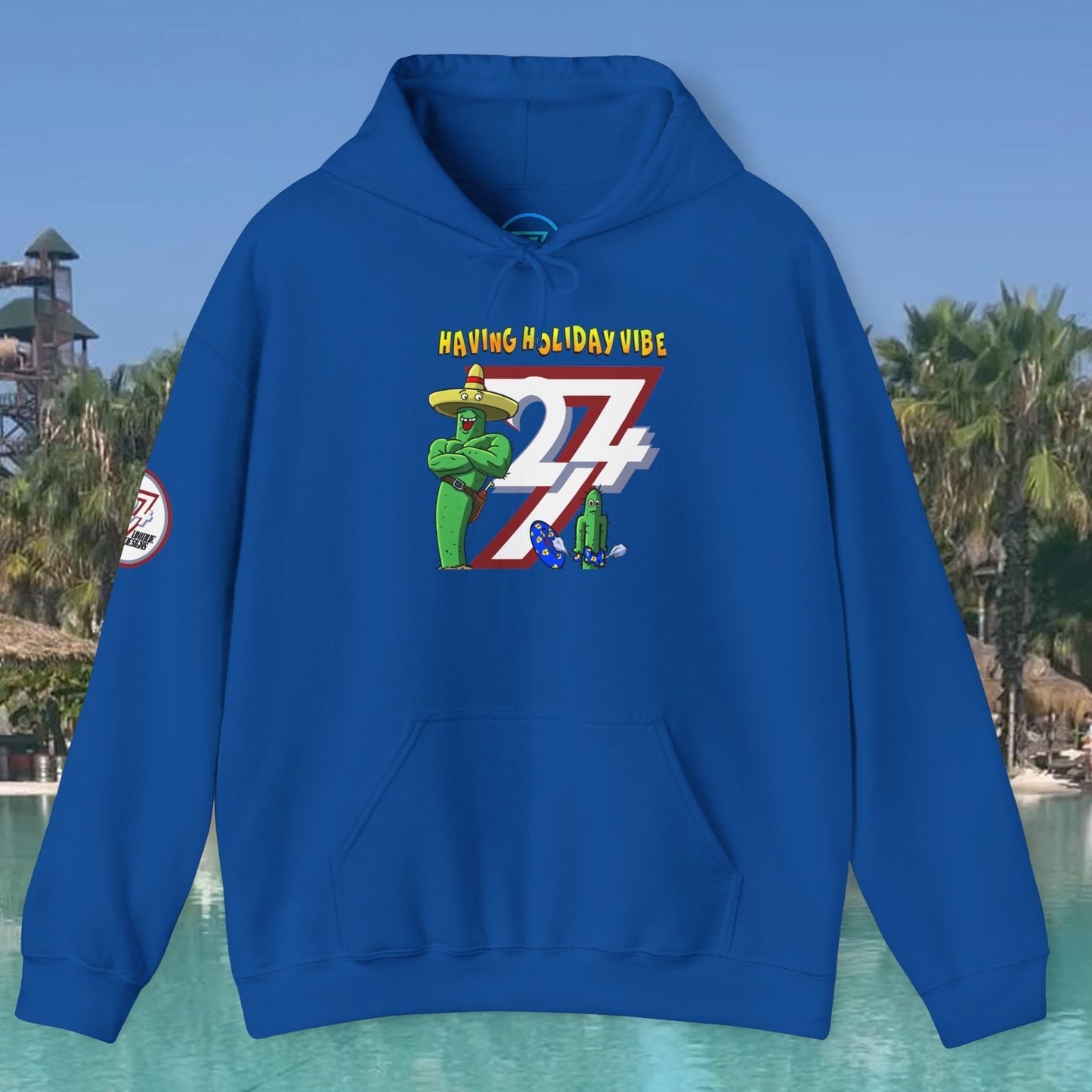 Blue cactus hoodie with cartoon holiday design and kangaroo pocket