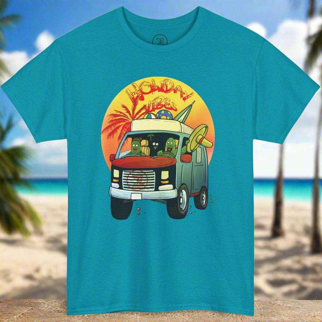 Blue cactus shirt with cartoon cacti driving a camper van at sunset beach scene