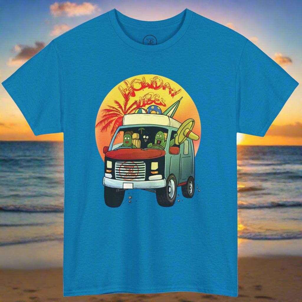 Blue cactus shirt with cartoon caravan and surfing cactus characters against a sunset background