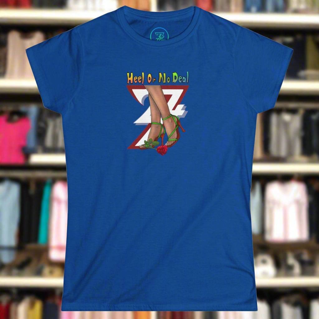 Blue graphic tee for women with "Heel or No Deal" quote, roses, and high heels illustration