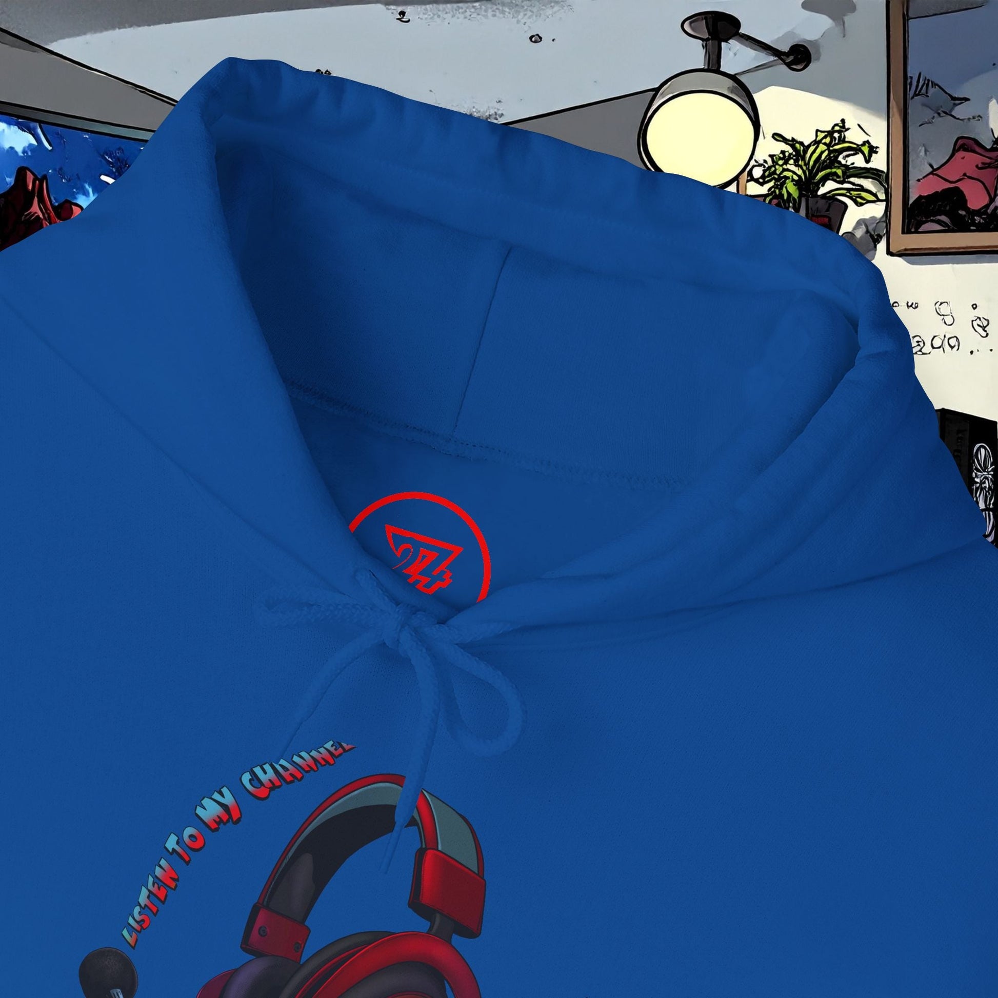 Blue headset hoodie with red and black headphone design and adjustable drawstring hood