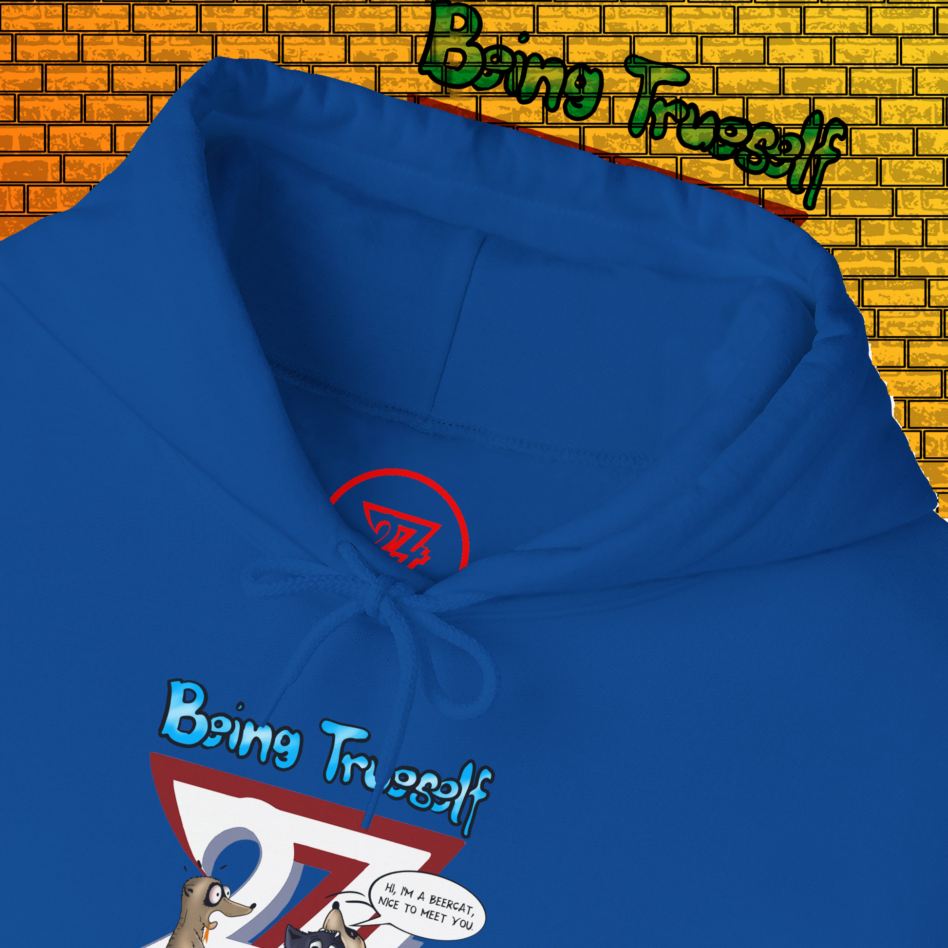 Blue hoodie with cartoon meerkat and cat illustration and "Being True-Self" text on front