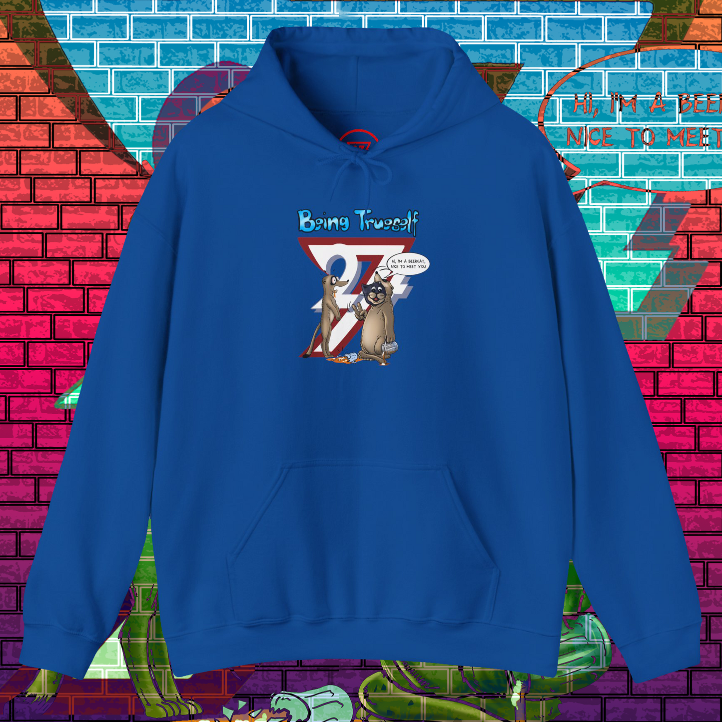 Blue hoodie with cartoon meerkat and cat illustration and "Being True-Self" text on front kangaroo pocket style sweatshirt
