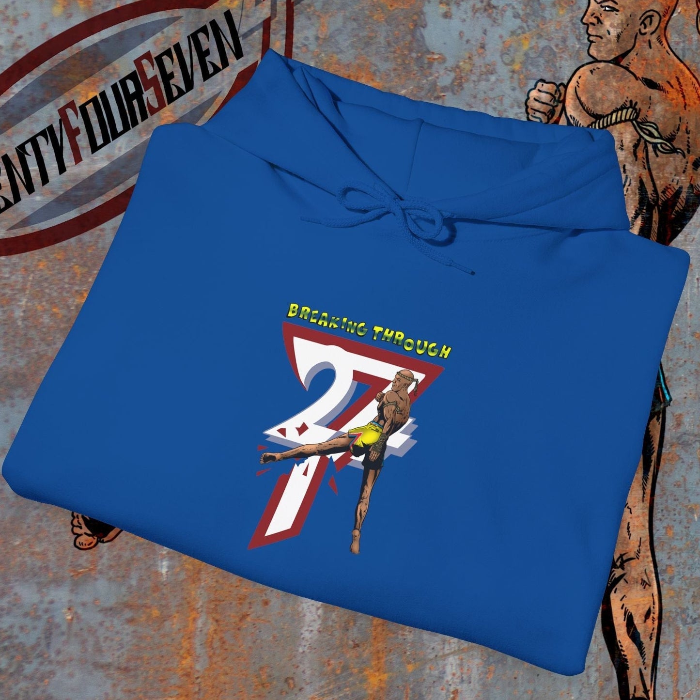 Blue muay thai hooded sweatshirt with warrior graphic and "Breaking Through 247" text design