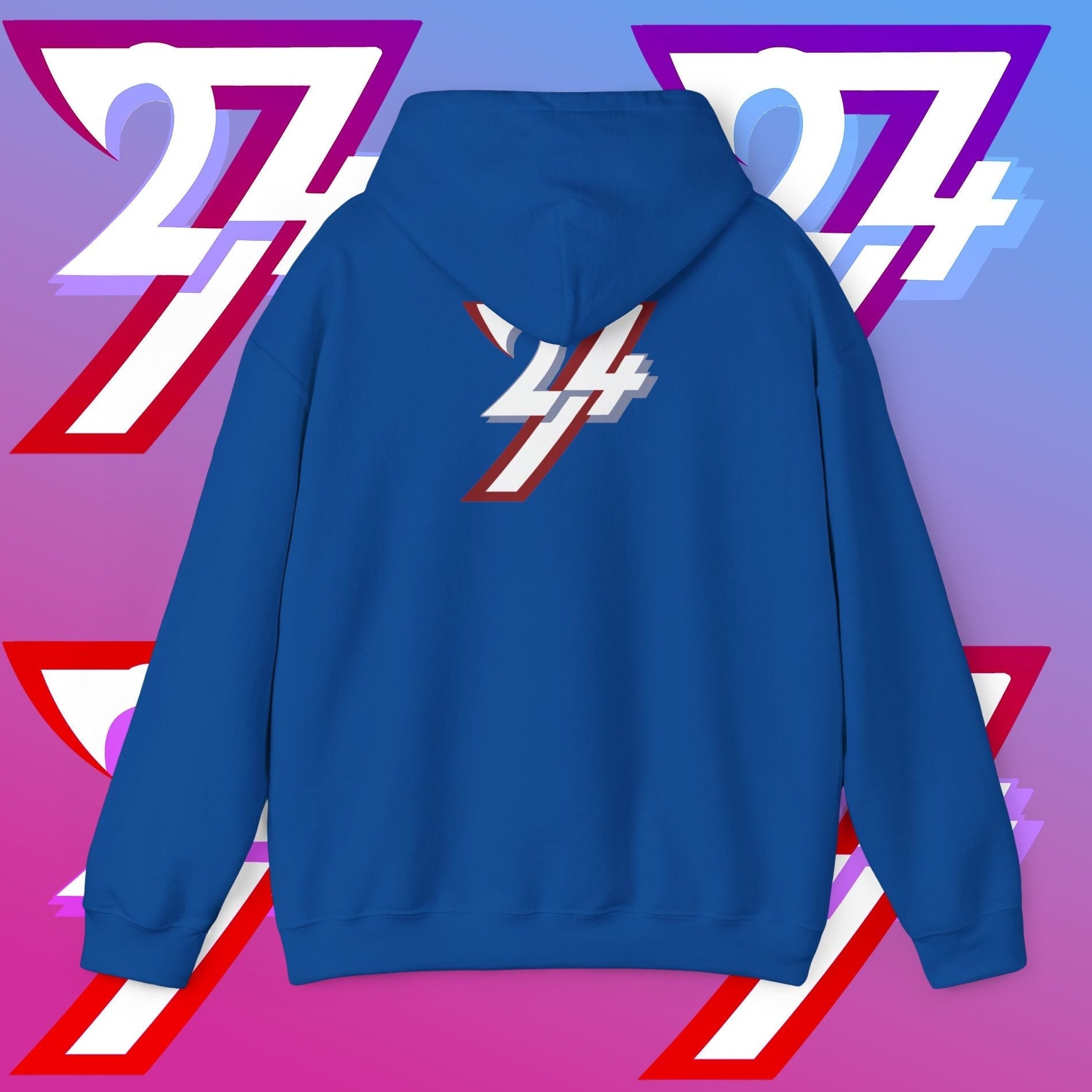 Blue printed hoodie with twentyfourseven logo on back and adjustable hood