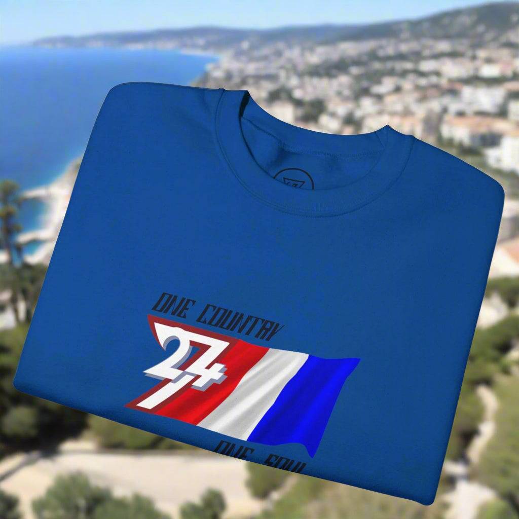 Blue unisex France sweatshirt with hand-drawn flag graphic and "One Country One Soul" slogan