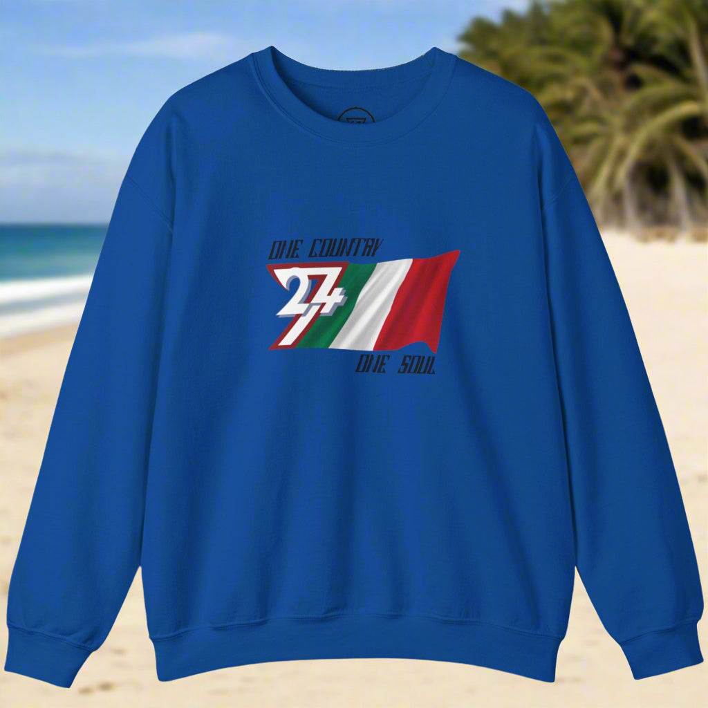 Blue sweatshirt featuring a hand-drawn Italian flag design with text "One Country One Soul" for national and sports events.