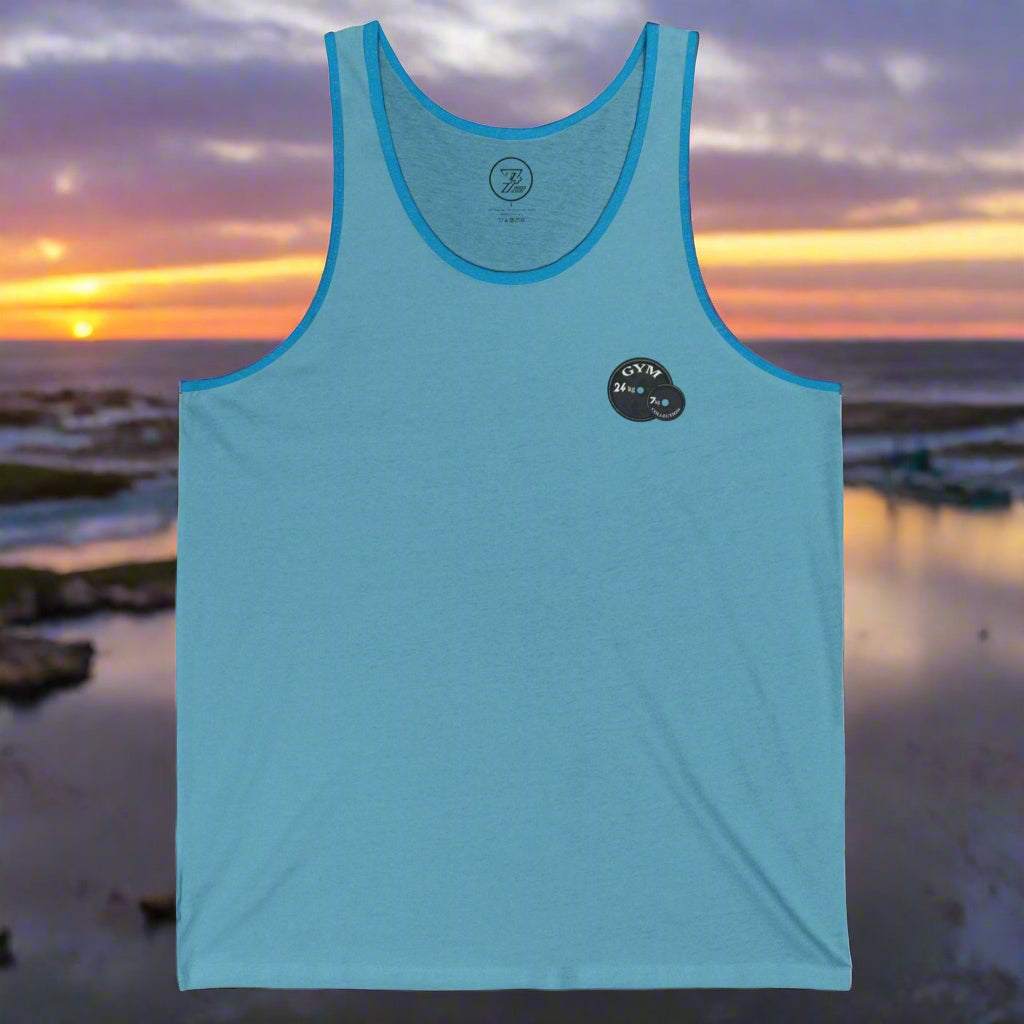 Light blue workout tank top with gym emblem, breathable and lightweight for summer and exercise sessions