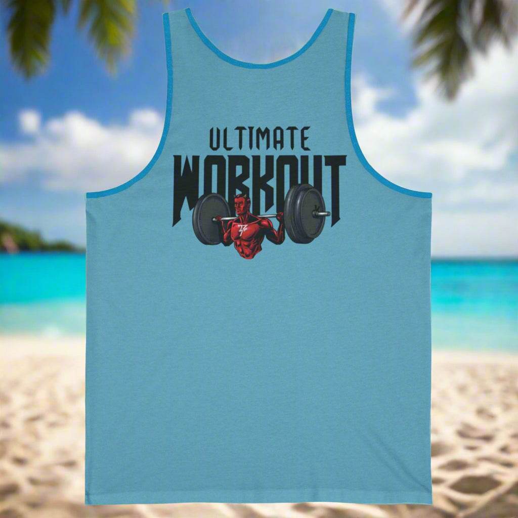 Light blue workout tank top with "Ultimate Workout" text and comic-style weightlifting character on front, ideal for gym and casual summer wear