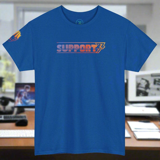 Blue unisex Support Tee with 24/7 support text and unique design, durable cotton fabric
