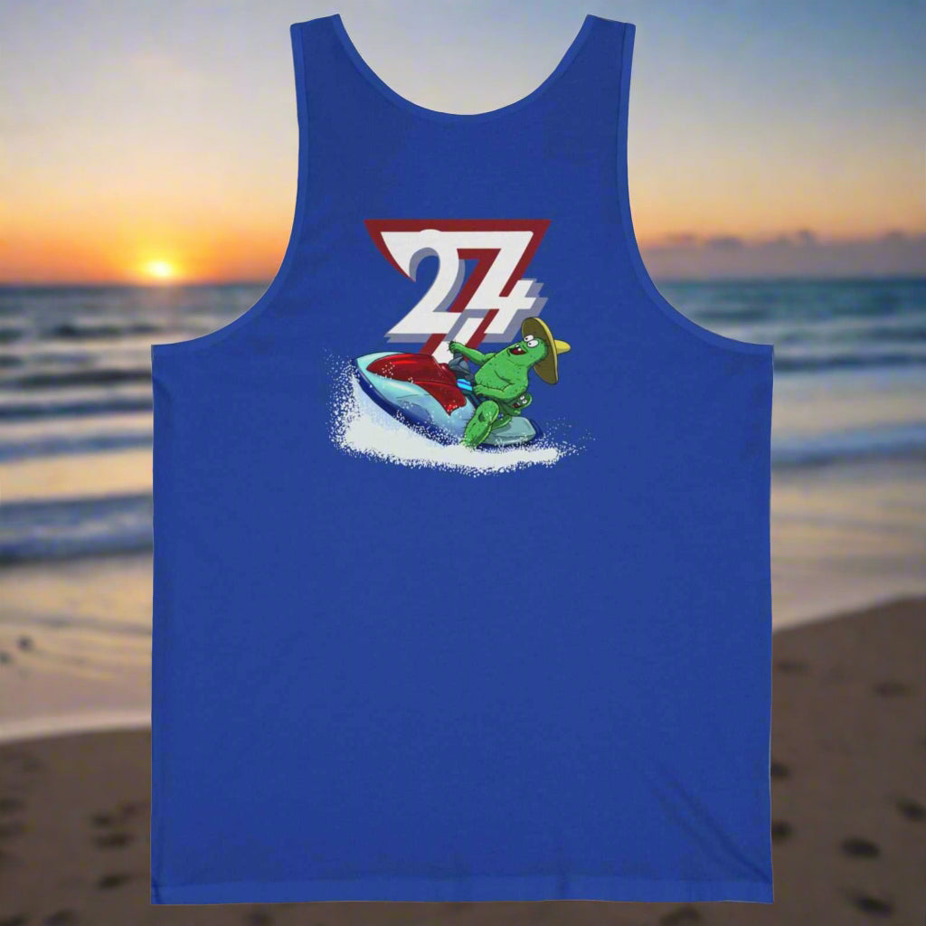 Blue unisex beach tank top with funny cactus design and water sports motif